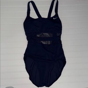 Nike Navy Mesh Cutout One Piece Swimsuit Athletic Swim Large